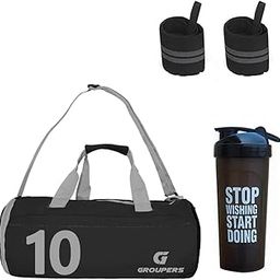 Combo Set of Duffle Polyester Bag with Shaker Bottle-700ml, Gloves & Wrist Band (BLK-SWSD-WB-10)-image-47