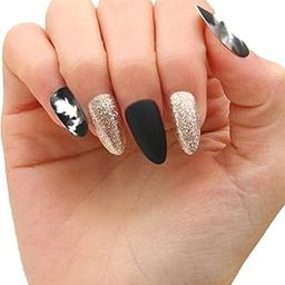 Secret Lives Premium Designer Reusable Artificial Almond Nails Extension Black White with Golden Glitter Design Fake Nails 24 PCS Set with Kit-6