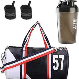 GROUPERS Duffle PU Leather Bag with Shaker Bottle-400ml & Wrist Bandl (Black White)-image-47
