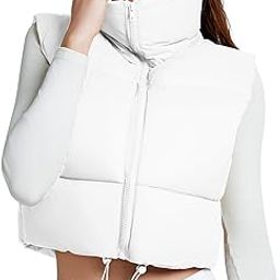 Women Cropped Puffer Vest Winter Sleeveless Puffer Vest Jacket Full Zip Stand Collar Lightweight Outwear Vest, White, X-Small-picture-20