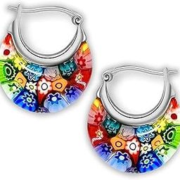 Murano Millefiori Glass Flower Motifs Hoops, Hoop Earrings Jewelry for Women 30 ctw (Multicolor/Green)-image-7