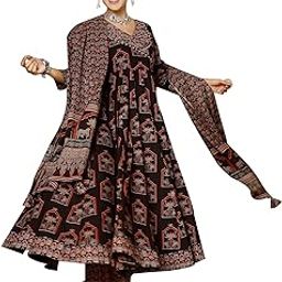 Women's Cotton Calf Length Printed Flared Kurta Palazzo Dupatta Suit Set-image-39