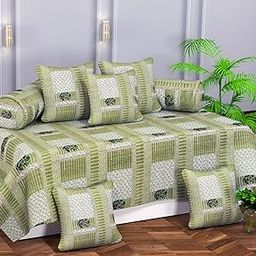 RD TREND® Printed Cotton Diwan Set Pillows 5 with Bolster 2, Bedsheet (152x228 cm), 2 Bolster Covers (40x78 cm), 5 Cushion Covers (40x40 cm). (Box-Green)-image-46