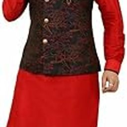 Mens ethnic fashion Kurta Pyjama with Waistcoat Jacket Set - Red-image-1