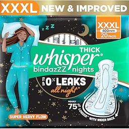Whisper Bindazzz Nights 20 XXXL Sanitary Pads, Upto 0% Leaks All Night Long, For Super Heavy Flow, Nearly 75% Longer with Wider Back, Double hug wings keep pad in place , Disposable Wrapper-image-41