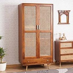 i RONIKA Solid Sheesham Wood Rattan Cane Wardrobe | 2-Door Almirah with 3 Drawers, 6 Storage Shelves, 1 Hanging Rod Space | Wooden Cupboard, Bedroom Closet and Dresser | Honey Finish-image-48