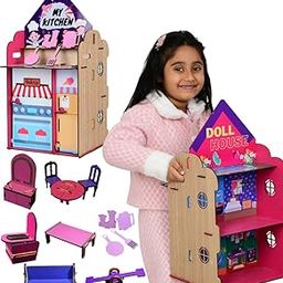 FunBrigade 2-in-1 Big Wooden Doll House and Kitchen Set for Girls | DIY Colorful Dollhouse and Kitchen Play Set with 10 peices Furniture | Pretend Role Play Set for Boys and Girls | STEM Learning-6