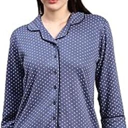 Womens Lounge Cotton Polka dot Printed 3/4th Sleeve Lapel Collar Front Open Button Placket Relaxed Fit Lounge Tshirt Shirt Top-15