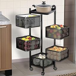 Kuber Industries Storage Rack | 5-Layer Revolving Vegetable Kitchen Rack | Square Multipurpose Storage Trolley with Wheels | Metal Fruit Storage Rack | Kitchen Cabinet Spice Rack | Black-12