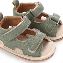 Baby Sandals with Adjustable Straps, Soft Leather, Sage Green, Non-Slip Sole-image-0