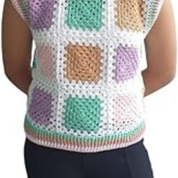 Handmade Crochet Sleeveless Sweater Vest, Granny Square Pattern, Multicolour with White Base-image-32