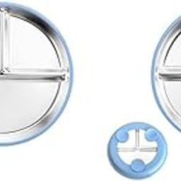 HASTHIP® Kids Food Plate with Suction Cups 9 Inch Round 3-Compartment Stainless Steel for Toddlers Self-Feeding Training Anti-flip Shallow Breakfast Bread Snack 2PCS-12