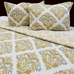 WO FLORA Premium Quilted Bedcover Ultrasonic Cotton Bedspread with 2 Full Size Quilt Pillow Covers, Decorative Quilted Bedsheet with 90x100 Size, Beige Damas-image-17