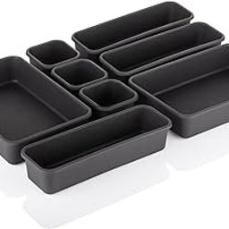 Kesi Desk Drawer Organizer Set,Divider/Separator Plastic Dividers Vanity Trays for Flatware, Cutlery & Desk Storage for Dresser Makeup Household, Kitchen-Office (8 Pcs Tray,Black)-46