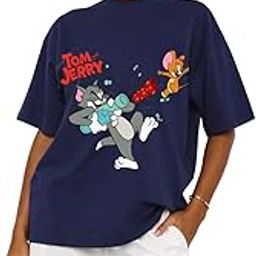 Tom and Jerry Graphic Oversized Graphic T-Shirt for Women ? Cute Bear Print Navy Blue Tee ? Funny & Sassy Casual Cotton T-Shirt-image-21