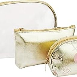 Yellow Weaves Pvc Makeup Pouch Set, Travel Toiletry Kit, Cosmetic Organizer Bag For Women & Girls Makeup | Color - Metallic Gold | Clear Travel Storage Kit, Toiletry Bags of Different Sizes, Set of 3-5