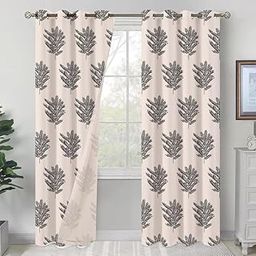 Botanical Fern Print Blackout 2 Curtains, Grommet Top, Cream and Black, Modern Design 7 Feet (N)-image-91