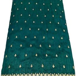 Raw Silk Dark Green Embroidered Fabric, 1 Metre, Gold Floral Motifs and Border-14
