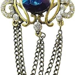Mens Suit Blue Rhinestone Crystal Label Pin With Hanging Chain Gold Brass Brooch For Men-image-75