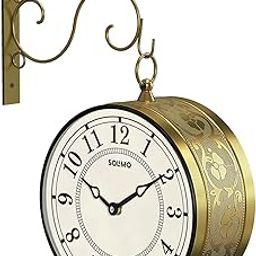 Amazon Brand - Solimo 8 Inch Vintage Station Analog Clock One Side Roman and Other Side Numeral Dial (Brass Finish) (Type-3)-24