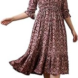 Women Ethnic Motifs V-Neck Tie-Up Sleeves Frill Detail Tiered Midi A-Line Fusion Dress-picture-41