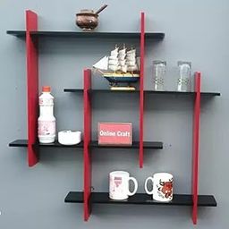 ShaizR Art Wooden Wall Shelf with Contour Floating Rack Shelf for Living Room Bookshelves Wooden Wall Shelves Plus-Red/Black-picture-22