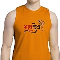 Men MAHADEV Printed Cotton Sleeveless T-Shirt, Gym Vest (Mustard)-picture-35