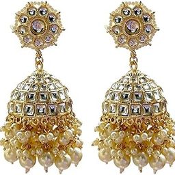Traditional Gold Plated Exquisite Kundan and Pearls Embedded Grand Statement Jhumki Earrings with Intricate Design and Elegance for Women and Girls-image-44