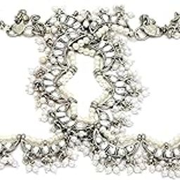 Oxidised Silver Moon Shape Kundan Anklet for Women-image-60