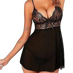 Lace Babydoll Lingerie for Honeymoon, Babydoll Night Wear for Women, Night Dresses for Women, Ladies Night Dress, Transparent Net Nighty for Sexy Women with G-Sting Panty-image-14