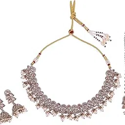 Splendid Leaf and Paisley Design Pearls Guchha Gold Plated Choker Necklace Set With Maangikka For Women and Girls-image-1
