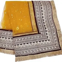 navti creations Katrina Kaif's Marriage's Heavy Mustard Yellow Net Dupatta With Maroon Border (4 side Golden Kiran frill, 2.25m)-picture-25