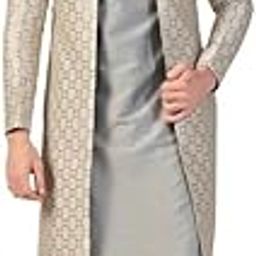 Men's Indo-Western Kurta Sherwani Churidar Set, Grey Silk Blend, Woven Design Regular Fit Mandarin Collar Long Sleeves-picture-19