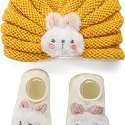 Lillypupp Baby Boys and Girls Bunny Knit Hat and Booties Set Adorable Cap with Matching Socks, Perfect for Photos, Baby Showers, and Everyday Cozy Wear (Purple) (Yellow)-image-94