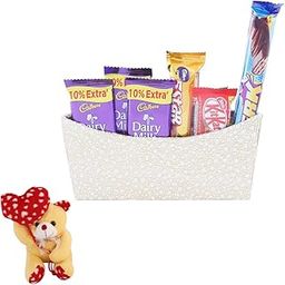 SFU E Com Wonderfull Chocolates With Golden Wooden Basket | Valentine Heart Teddy Bear With Chocolate Combo | Valentine Chocolate Hamper | 248-94