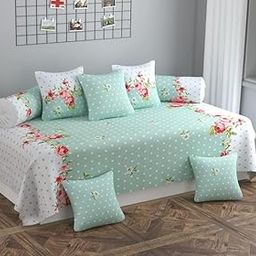 Elista Decor Premium Printed Glace Cotton Diwan Set 8 Pieces,1 Single bedsheet Size 60x90inch, 5 Cushions 16 x 16 inch Covers with Zip and 2 Bolster (Single 60'' x 90'' inch, Elista Decor Design -9)-image-100
