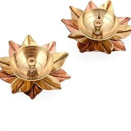 Collectible India Brass Diya Lamp Lotus Shape -Decorative Akhand Deepak for Pooja - Set of 2 (Gold_3 X 3 X 1.5 Inches)-24