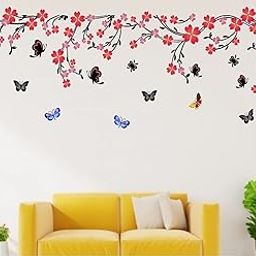 Nature Red Flower with Vine and Butterfly Sticker Wall (Ideal Size on Wall: 55 cm x 160 cm) Multicolour-11