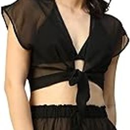 Artful Solid Black Short Sleeve Tie-Up Knot Detail Women Beachwear Crop Top-image-51