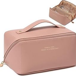 TOMILL Large Makeup Bag Travel Cosmetic Bag for Women Wide-open Portable Leather Travel Toiletry Bag Waterproof Makeup Bag for Cosmetics Toiletries Accessories, A-Pink, Sweetness 9.5*5.2*5.2 inches-8