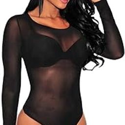 Women's Sheer Mesh Long Sleeve Bodysuit, Black -, XXL, Black -, 2X Grande-picture-1