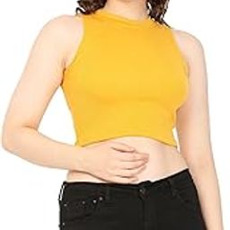 Women's & Girls' Solid Ribbed Slim Fit Crop Tank Top-Pack of 1 Mustard-image-25