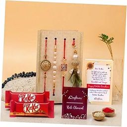 Set of 4 Floral, Pearls, Diamonds, Lumba Designer Rakhis for Brothers & Bhabhi with 2 Kitkat Chocolate, Bhaiya Bhabhi Rakhi Set With Chocolate - Roli Chawal Pack, Raksha Bandhan Card-picture-9