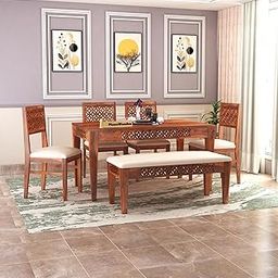 MoonWooden Sheesham Wood 6 Seater Dining Table with Cushioned 4 Chairs and 1 Bench for Home Dining Room Kitchen Hotel Solid Wooden CNC Design Table (Honey-Beige Finish)-image-36