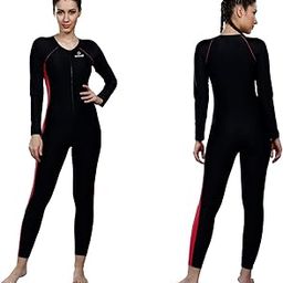 Dive 5004 Full Body Swimsuit, Long Sleeve UV Protection Swimwear, Black with Red Stripe-image-91
