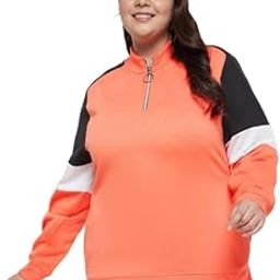 Women's Orange Colourblock Fleece Plus Size Sweatshirt(6288A_6XL)-picture-6