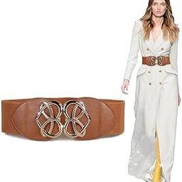 Women's Wide Stretch Waist Belt with Vintage Interlocking Buckle – Brown Elastic Cinch Belt for Dresses, Coats & Blazers-image-81