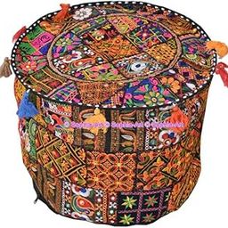 Sophia-Art Indian Embroidered Patchwork Cover Indian Decorative Pouf Indian Comfortable Floor Cotton Cushion Ottoman Pouf,Indian Designs Ethnic Patchwork Pouf (Black Rajkoti, 18"x13")-image-60