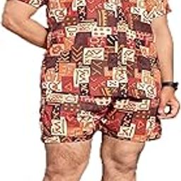 Men's Tribal Print Shirt and Shorts Set, Short Sleeve Casual Summer Outfit, Brown and Orange-picture-33