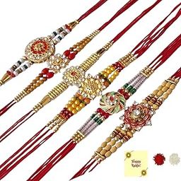 Set of 6 Flower Rakhi Combo For Brother Bhaiya Bhabhi Sister Raksha Bandhan Gift Band Moli Bracelet Stone Rakhi for Bhai with Roli Tilak Greetings Cards-8